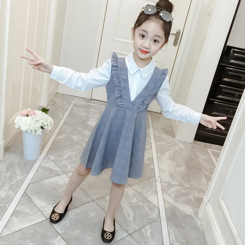 

2019 Spring Girls Korean-style Versatile Children Shirt Big Boy Cool Mock Two-Piece Plaid Dress Fashion