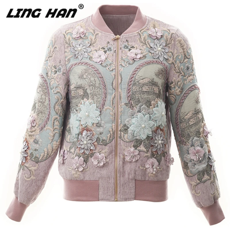 Розовый LINGHAN модное дизайнерское женское осеннее пальто с бусинами и цветочным принтом, короткая куртка с длинным рукавом, винтажная элегантная жаккардовая верхняя одежда - Цвет: Розовый