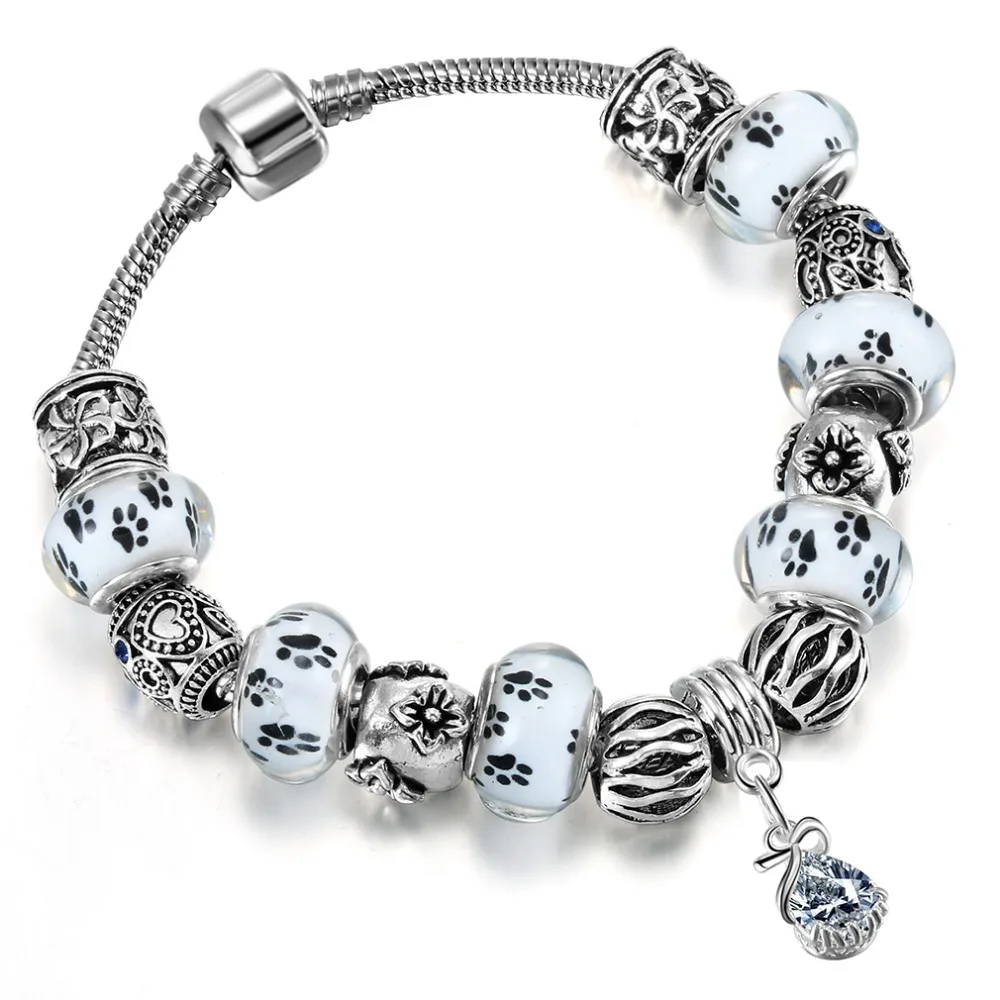 QIAMNI-Accessories-Gift-White-Glass-Paw-Prints-Beads-Pendant-Bracelet-Bangles-Fit-Women-Girl-Snake-Chain
