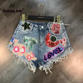 

Woman Shorts High Waist Loose Wide-leg Shorts Style Cartoon Moon Star Patchwork Embroidery-Flares Hole Casual Female Short