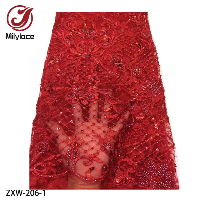High Quality African Tulle Sequins with Hand Beaded Lace French Nigerian Lace Fabrics Embroidered Red Lace Fabric ZXW 206