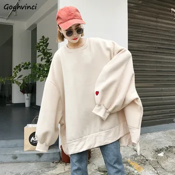 

Hoodies Women Oversize Harajuku All-match 4XL Simple Heart-shaped Embroidery Womens O-Neck All-match Hoodie Hip Hop Girls Chic