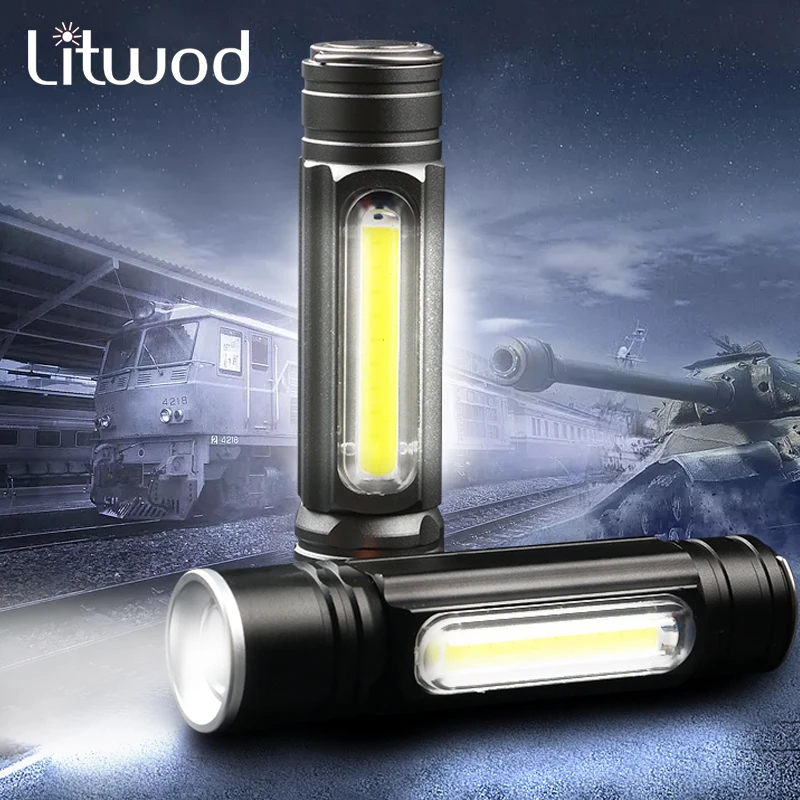 COB LED Flashlight Rechargeable Zoomable T6 torch Side Work Light M1Z0