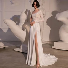 Modern Scoop Wedding Gowns Long Sleeve Sashes Lace Appliques Modest Chiffon Side Slit Court Train Bridal Dresses Robe De Mariée