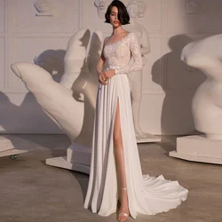 Modern Scoop Wedding Gowns Long Sleeve Sashes Lace Appliques Modest Chiffon Side Slit Court Train Bridal Dresses Robe De Mariée