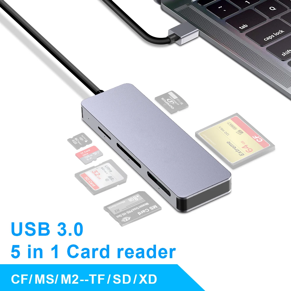 Chrome Windows Rocketek USB C 3.0 Card Adapter Hub 5 Adaptateur Carte mémoire Linux pour SD/M2/XD/CF/TF Rapide, simultané, Polyvalent Prise en Charge la Carte MS pour Mac OS SD XD Card Reader 