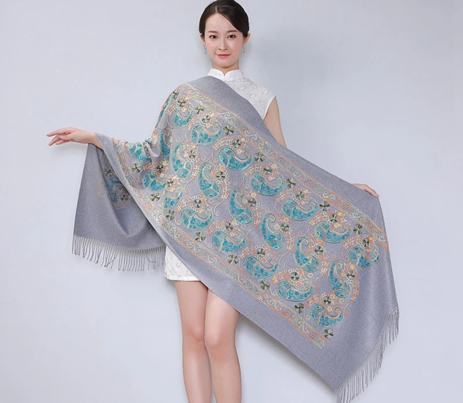 Новое поступление, женский шарф с цветочной вышивкой, обёрточная бумага, китайский этический стиль, уплотненный большой дорожный шарф, шаль, теплый и мягкий - Цвет: gray