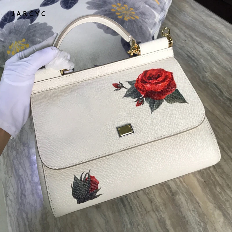 

2018 European and American new style color printed rose lady handbag,Genuine Leather English single shoulder skew spanning bag