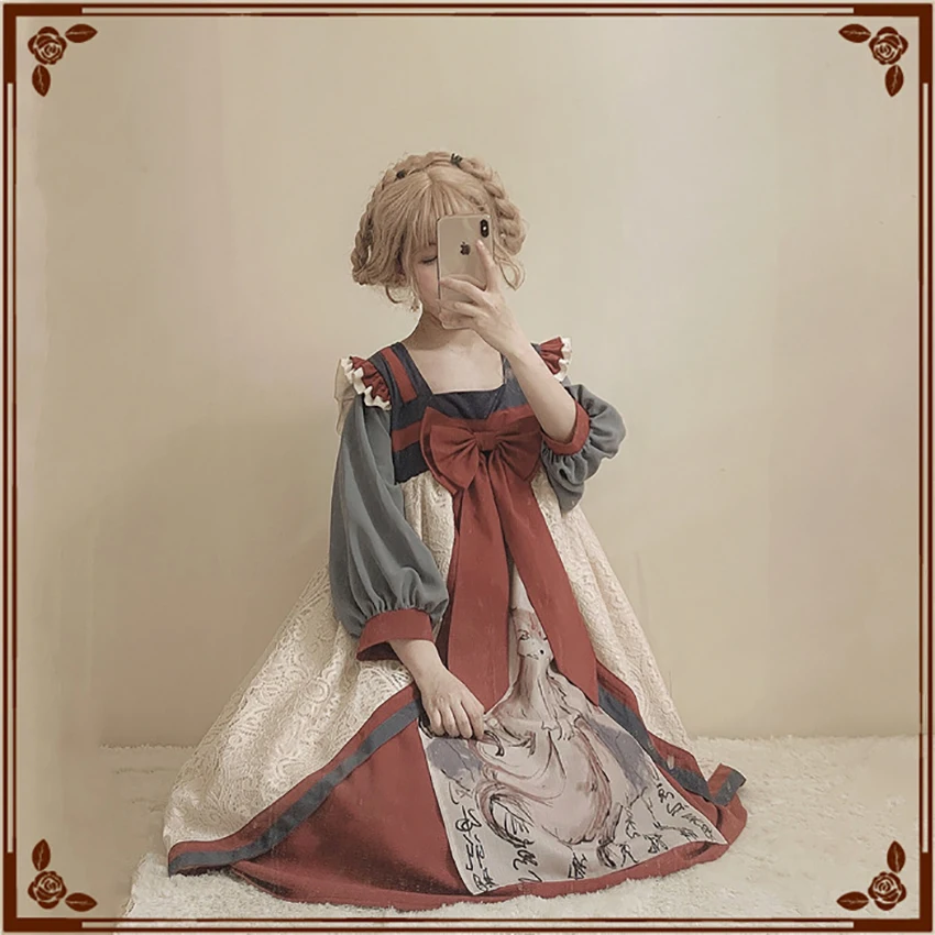 

Lolita Dress Fro Women Party Fox Ink Country Style Chinese Style Vintage Bow-knot Sweet Vestidos Princess Kawaii Girl Victorian