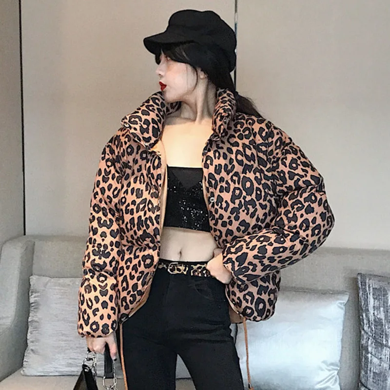 Thick Warm Cotton-padded Jacket Winter Women's New Style Hong Kong Style INS Leopord Pattern Coat High Collar Loose-Fit Cot