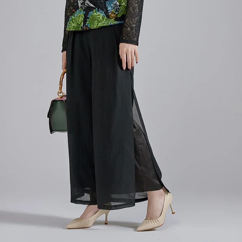 

Zeho Hall Chinese-style Spring And Summer Black And White with Pattern Hunker Pants Straight Wide-Leg Skirt Pants Origional Zen