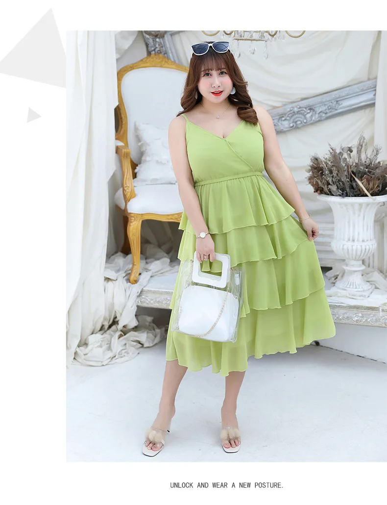 Summer Wear New Style Large GIRL'S Large Size Dress Plus-sized Elegant Camisole Cake Dress a Generation of Fat 1713
