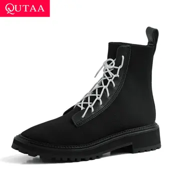 

QUTAA 2020 Cow Leather Knitting Round Toe Autumn Winter Casual Ankle Boots Lace Up Fashion Square Heel Women Shoes Size 34-39