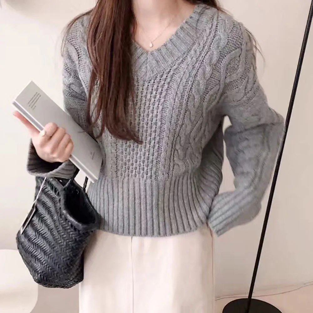 Women Winter Knitted Sweater Female Autumn V Neck Sexy Casual Loose Korean Chic Solid Pullovers Knitwear Tops Jumper pull femme | Женская