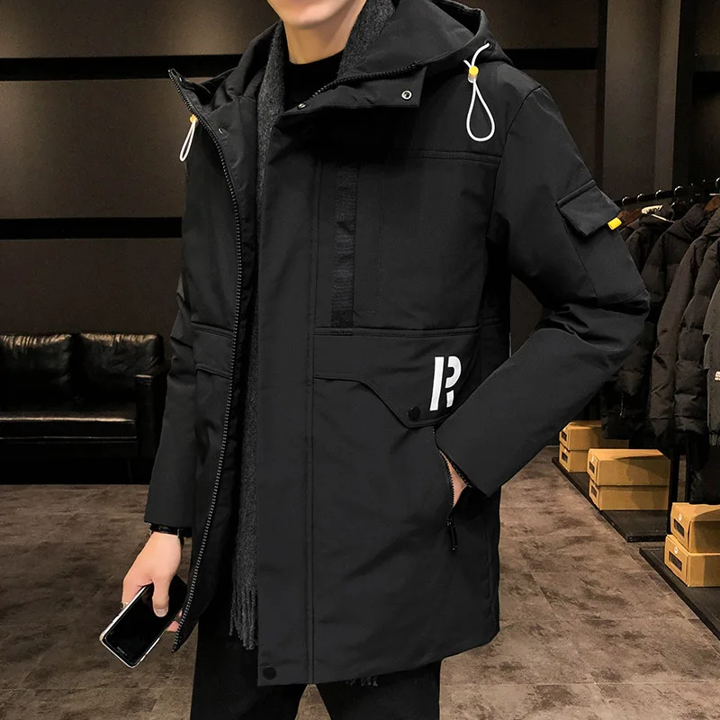 Длинное пальто ветровки Мужская зимняя куртка теплая Корейская свободная Мужская одежда хлопок с капюшоном уличная молния - Цвет: Черный