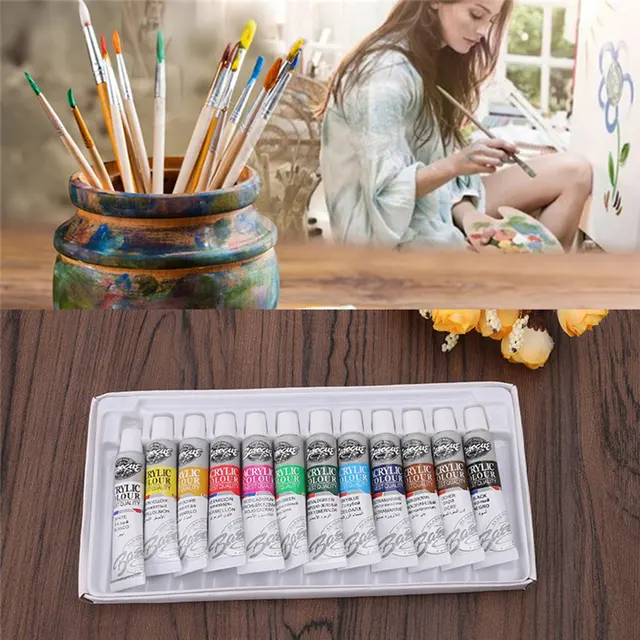 6 ML 12 Colors Professional Acrylic Paints Set Hand Painted Wall Painting Textile Paint Brightly Colored Art Supplies Free Brush 2