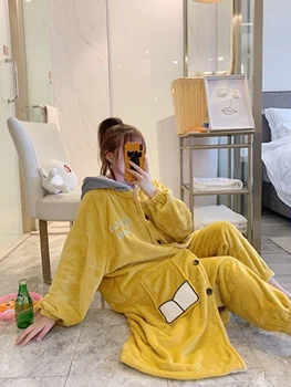 

HaloSweet Winter Flannel Kimono Bath Robes Dressing Gown Women Bathrobe Cute Housecoat Coral Fleece Warm With Pants Two Pieces