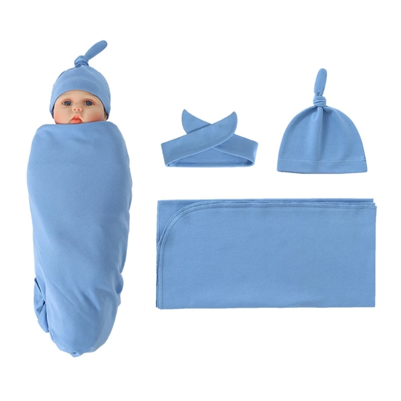 Newborn Swaddling Wrap+Headband+Hat Set Baby Receiving Blanket Sleepsack Hair Band Baby Bonnet Blanket Boys Girls Shower Gift 2