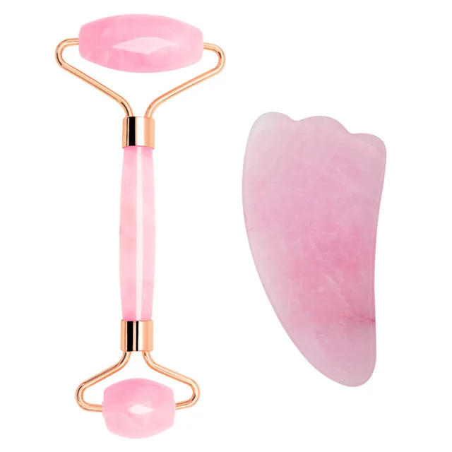 Розовый КВАРЦЕВЫЙ нефритовый роликовый массажный прибор для массажа лица ролик для лица массажер для лица роликовый массажер для тела - Цвет: rose set no box