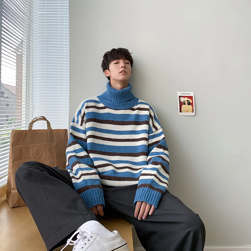 Winter High Collar Sweater Men Warm Fashion Sweter Contrast Color Casual Striped Knit Sweaters Man Long Sleeve Pullover Men Winter High Collar Sweater Men Warm Fashion Sweter Contrast Color Casual Striped Knit Sweaters Man Long Sleeve Pullover Men