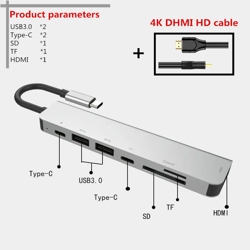 USB C концентратор type C к Мульти USB 3,0 концентратор HDMI адаптер док-станция SD TF карта reade type C концентратор Suitab многопортовый разъем для телефонов P20 30 - Цвет: Grey line HDMI