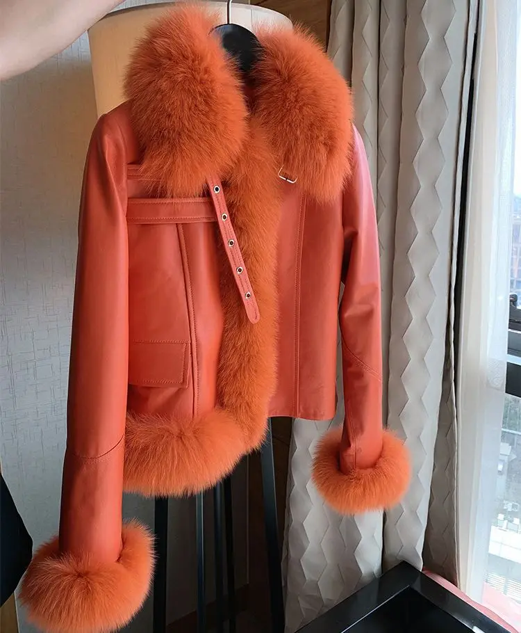 

High Quality Motor Real Leather Jacket With Natural Fox Fur Women Autumn Winter Korean Fashion Elegant Slim Sheepskin Coat ZO18