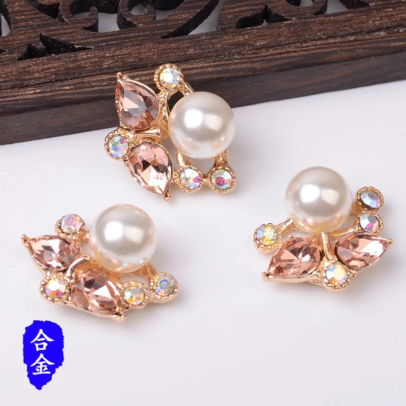 

50pc 20*24mm Gold color Pearl Crystal Flower charm for cloth/wedding hair Jewelry Findings for DIY Handmade Jewelry Making