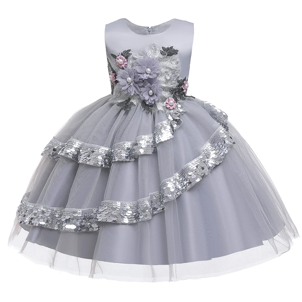 Г. Детские Платья с цветочным рисунком для девочек, платье для маленьких девочек свадебное платье принцессы детская одежда с лепестками роз праздничное платье костюм - Цвет: gray