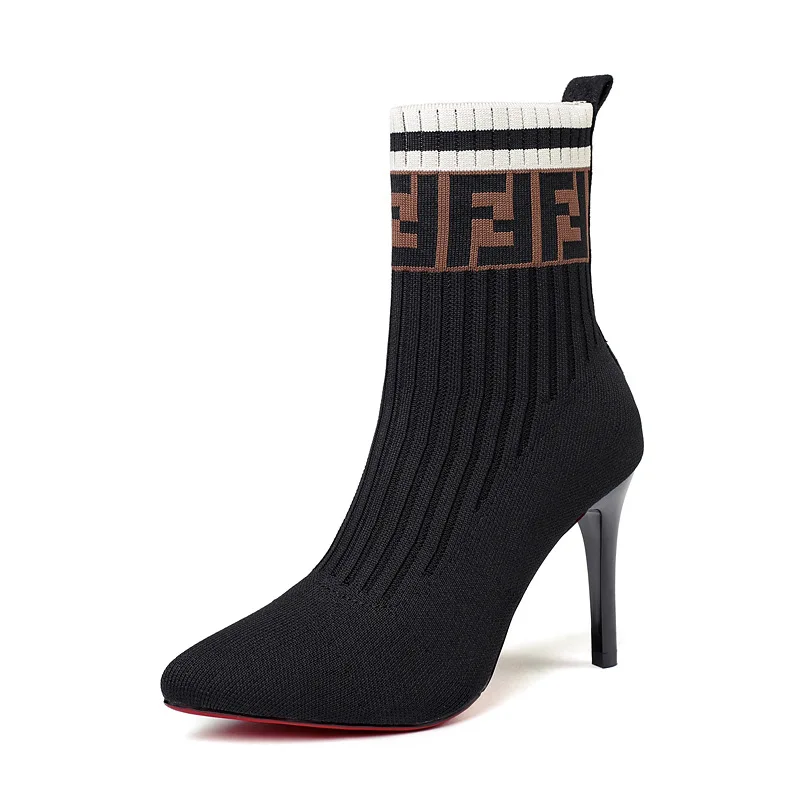 Новинка года; сезон весна-осень; женские вязаные эластичные ботинки с очень высоким носком; обувь на высоком каблуке с красной подошвой