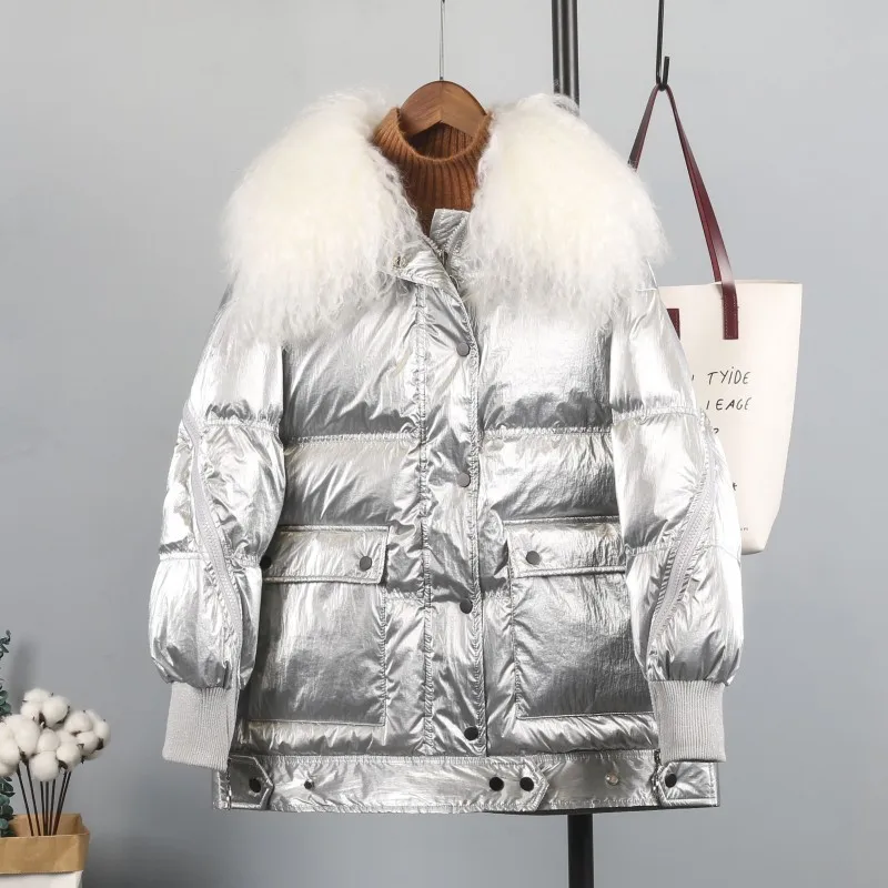 

Winter Silver Black Duck Coat Women Wool Fur Collar White Duck Down Parkas Female Loose Waterproof Snow Outerwear