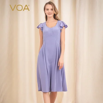 

VOA Silky Peach-style Flying Sleeves with Long-Catched Fold-Catched Slender Dress A10569