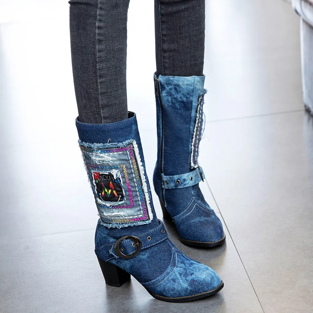 Женские высокие сапоги из джинсовой ткани Винтажная обувь на толстом каблуке с круглым носком женские ботильоны в Западном рыцарском стиле на среднем каблуке с пряжкой и ремешком для женщин