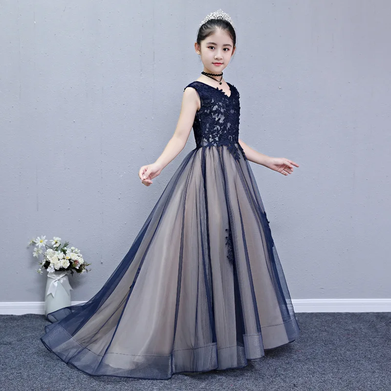 

Mingli Tengda Navy Flower Girl Kids Dress For Wedding V Neck Children Dineer Sexy Pageant Dresses Primera Comunion Decoracion