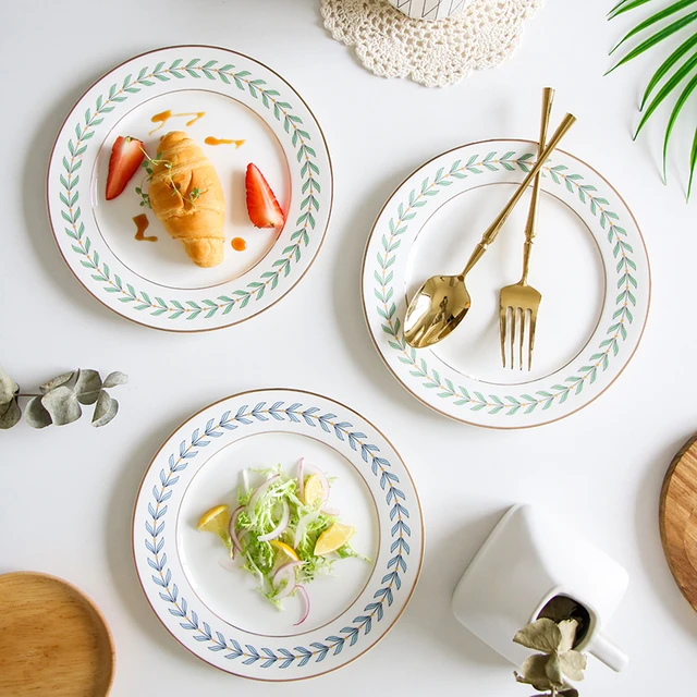 Korean Green Leaf Dinner Plate, Soup Bowl, Coffee Cup, Saucer Set Ins  Beautiful Dessert Salad Ceramic