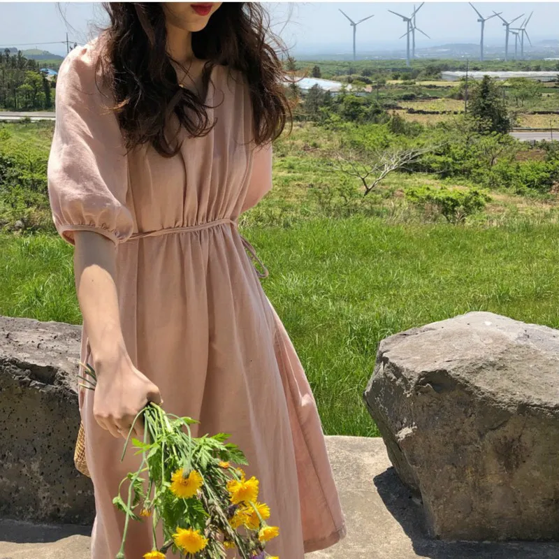 

Women Summer Long Pink Cotton Linen Dress V Neck Puff Sleeve Vestido Sweet Plus Size Robe Femme Sukienki Jurken Sundress