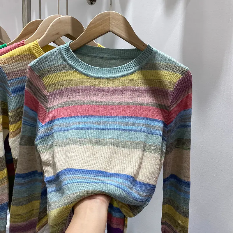 

Korean Top New Fall Winter Office Girl Student Rainbow Pullover Soft Sweater Women's O-neck Sweater Women Outer Coat Pull Cloth