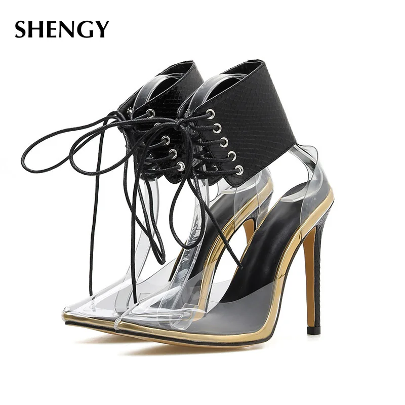

2020 SHENGY Night Club Pumps for Women 12cm ROME Fashion Sandals Transparent Crystal Shoes Women High Heels Summer Women Pumps