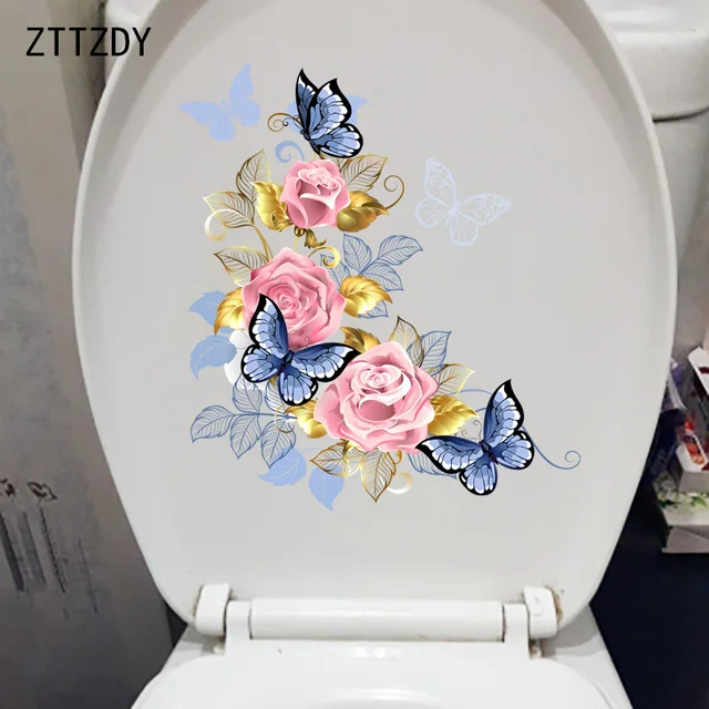 Zttzdy 23Cm × 25,6 Cm Finom Virág Illusztráció Otthoni Fal Dekoráció Rózsaszín Rózsa Kék Pillangó Wc-Matricák T2-0889