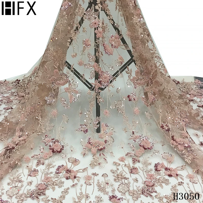 

HFX High Quality African HandMade Beaded 3D Lace Fabrics Pink Embroidery Tulle Lace Fabric With Beads for Nigerian Wedding F3050