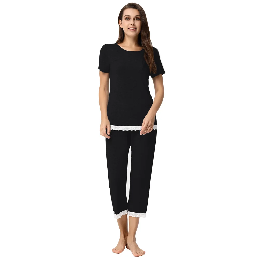 Women's 2pcs Set Comfy Modal Sleepwear Short Sleeve Tops+Cropped Pants summer comfortable stretch nightwear ladies Pajama sets