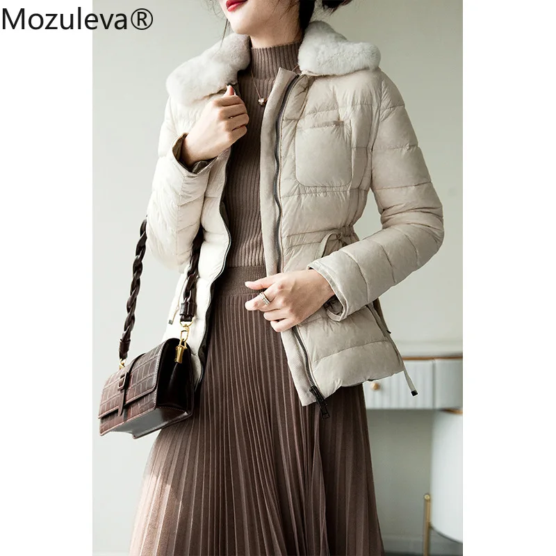 

Mozuleva 2020 Winter New Coat Warm Waist Slim Rex Rabbit Fur Collar White Duck Down Jacket Women's Coat Tide