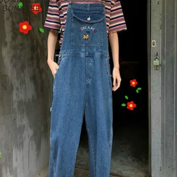 

Jumpsuits Women Loose Pockets Denim Printed Korean Style Chic Trendy Leisure All-match Streetwear Womens Vintage Novelty Simple