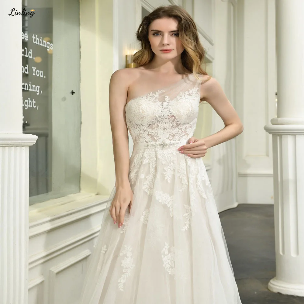 

LINLING Elegant vestidos de novia One Shoulder Bridal Gowns Tulle Wedding Dress 2020