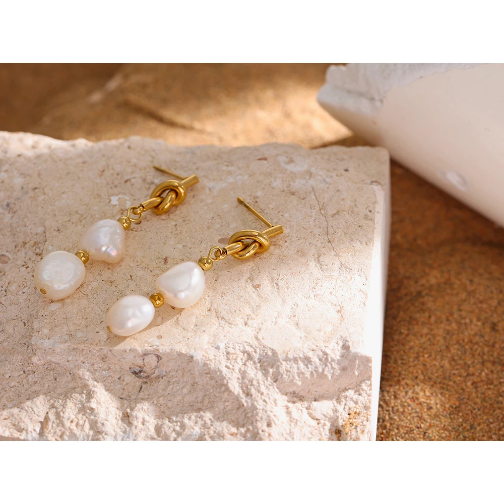 Yhpup 스테인레스 스틸 천연 진주 드롭 귀걸이 참 금속 골드 기하학 18 K 도금 보석 Boucle d' oreille Femme New