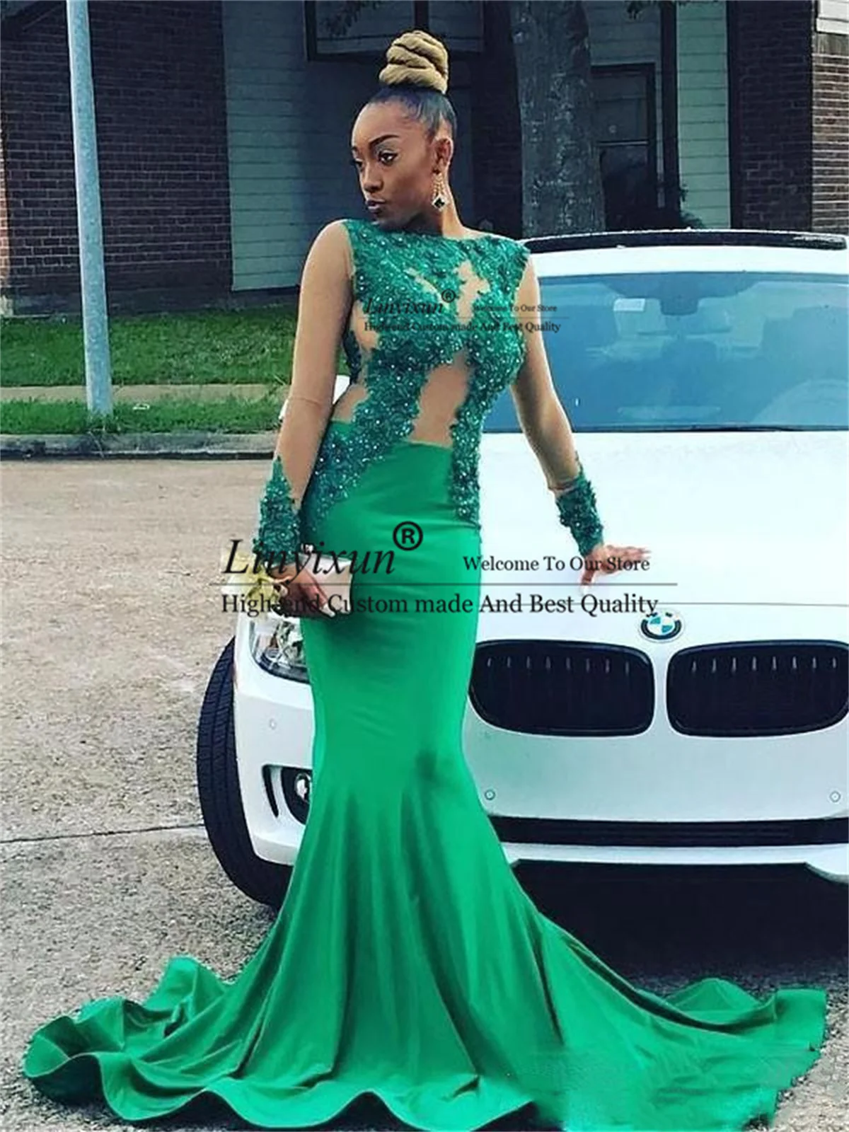 

Hunter Green Mermaid Prom Dresses Illusion Long Sleeve Beaded Lace Appliqued Evening Party Gowns Court Train robes de soirée