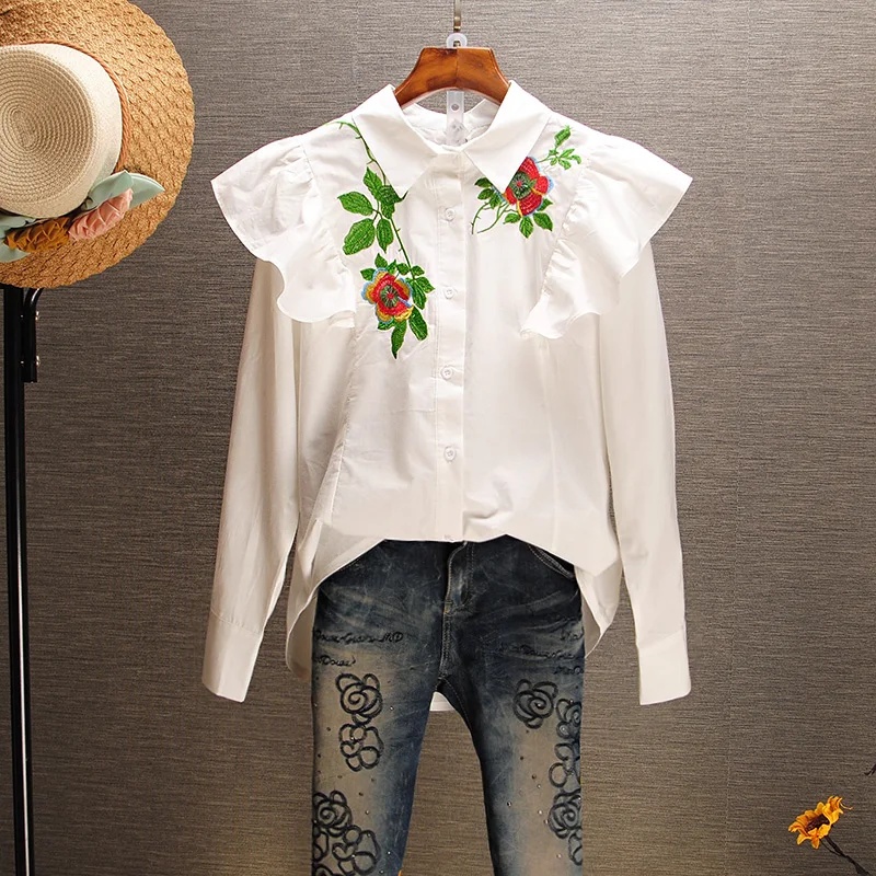 

Srping Women Top White Shirt Embroidered Sweet National Style Lapel Cotton Shirts Ladies Long Sleeve Slim Blouses Blusas Mujer