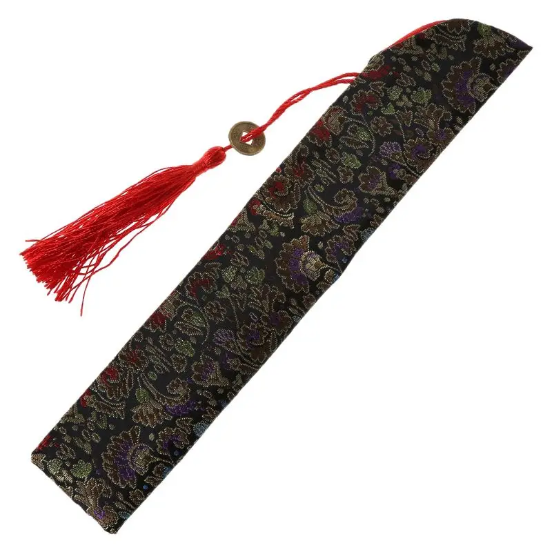 Шелковый складной китайский ручной вентилятор сумка с кисточкой пылезащитный чехол-чехол в стиле ретро - Цвет: Black