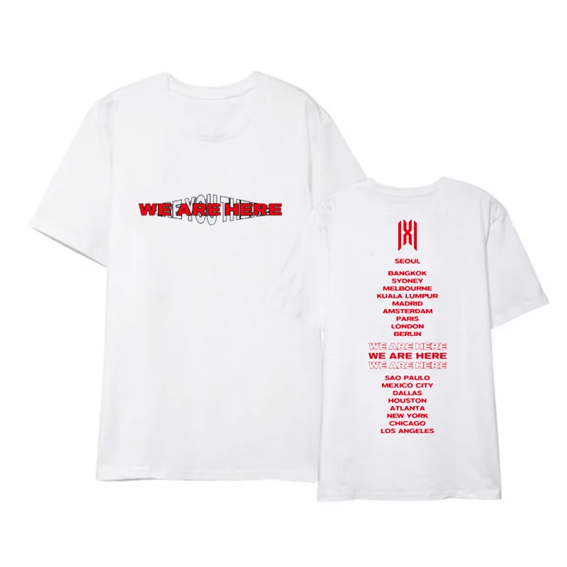 Kpop MONSTA X WE ARE HERE Album Shirts Повседневная Свободная одежда в стиле хип-хоп футболка Топы с короткими рукавами футболка DX961