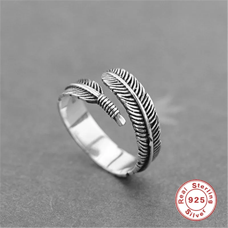

ROXI Vintage 925 Sterling Silver Jewelry Personality Feathers Arrow Open Rings for Women Men Unique Adjustable Boho Leaf Rings