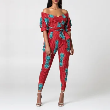 

Women Ruffle Design Off Shoulder Sexy Jumpsuit Print Overalls with Belt Print V Neck Short Sleeve Tie Waist Jumpsuit